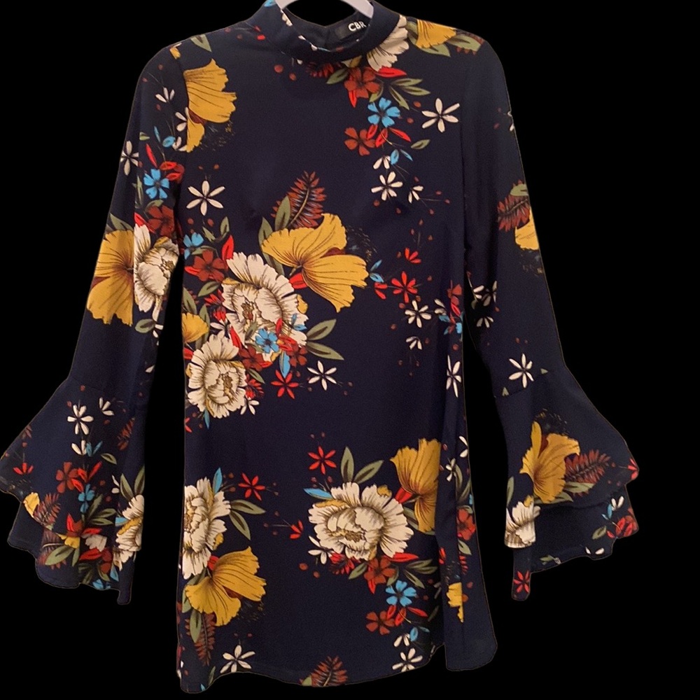 CBR Shift Dress long bell sleeves mock turtleneck colorful boho floral size M - Picture 2 of 5